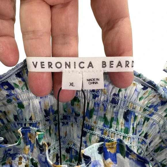 Veronica Beard NWT Averie Tank Top XL Cobalt Floral Smocked Cotton Crop Top - Picture 4 of 6